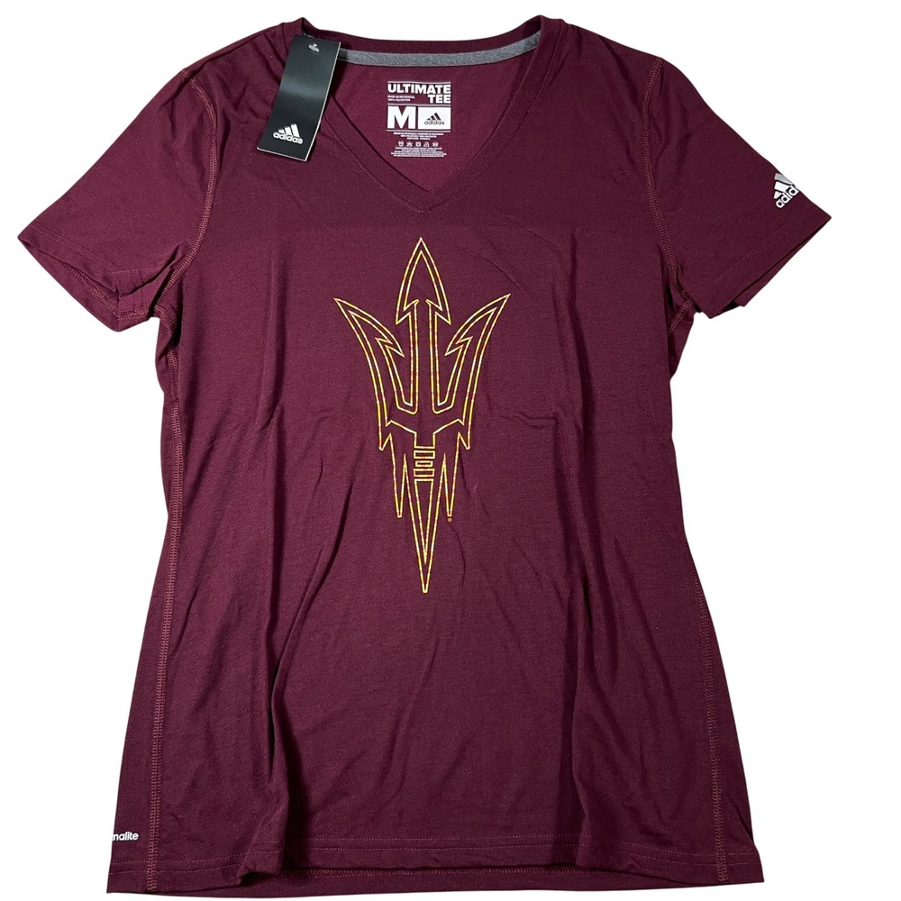 Adidas ASU Sun Devils Ultimate Tee Womens Medium Maroon V-Neck‎ Climalite Shirt